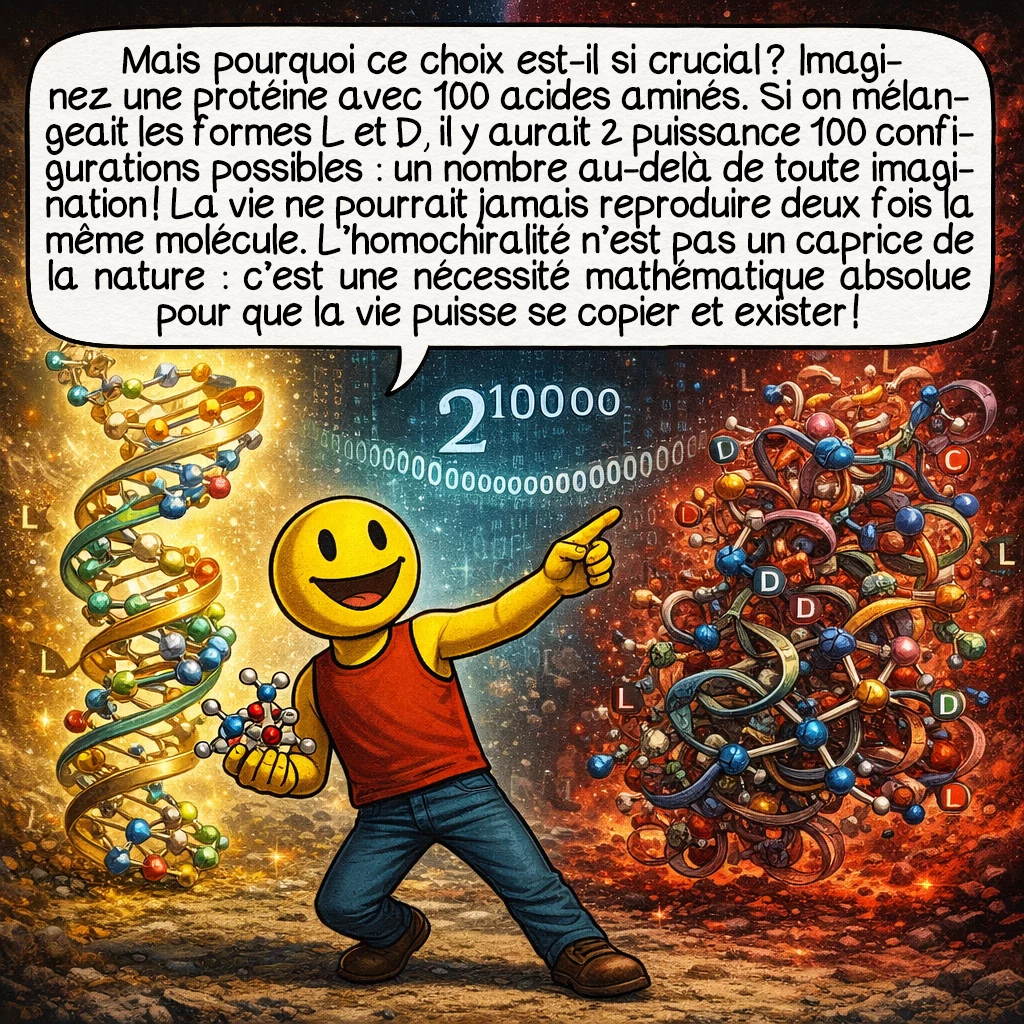 La chiralité, case 4 : Mais pourquoi ce choix est-il si crucial ? Imaginez une protéine avec 100 acides aminés. Si on mélangeait les formes L et D, il y aurait 2 puissance 100 configurations possibles : un nombre au-delà de toute imagination ! La vie ne pourrait jamais reproduire deux fois la même molécule. L’homochiralité n’est pas un caprice de la nature : c’est une nécessité mathématique absolue pour que la vie puisse se copier et exister !