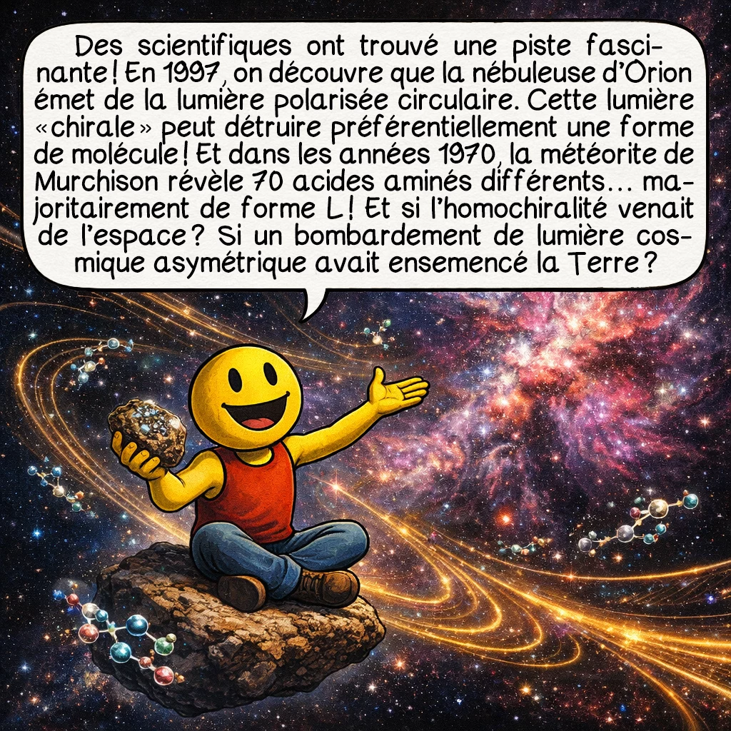 La chiralité, case 5 : Des scientifiques ont trouvé une piste fascinante ! En 1997, on découvre que la nébuleuse d’Orion émet de la lumière polarisée circulaire. Cette lumière « chirale » peut détruire préférentiellement une forme de molécule ! Et dans les années 1970, la météorite de Murchison révèle 70 acides aminés différents… majoritairement de forme L ! Et si l’homochiralité venait de l’espace ? Si un bombardement de lumière cosmique asymétrique avait ensemencé la Terre ?