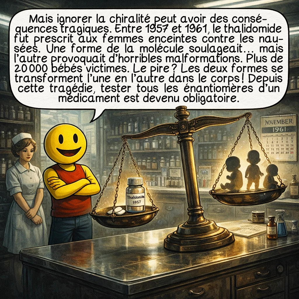 La chiralité, case 6 : Mais ignorer la chiralité peut avoir des conséquences tragiques. Entre 1957 et 1961, le thalidomide fut prescrit aux femmes enceintes contre les nausées. Une forme de la molécule soulageait… mais l’autre provoquait d’horribles malformations. Plus de 20 000 bébés victimes. Le pire ? Les deux formes se transforment l’une en l’autre dans le corps ! Depuis cette tragédie, tester tous les énantiomères d’un médicament est devenu obligatoire.