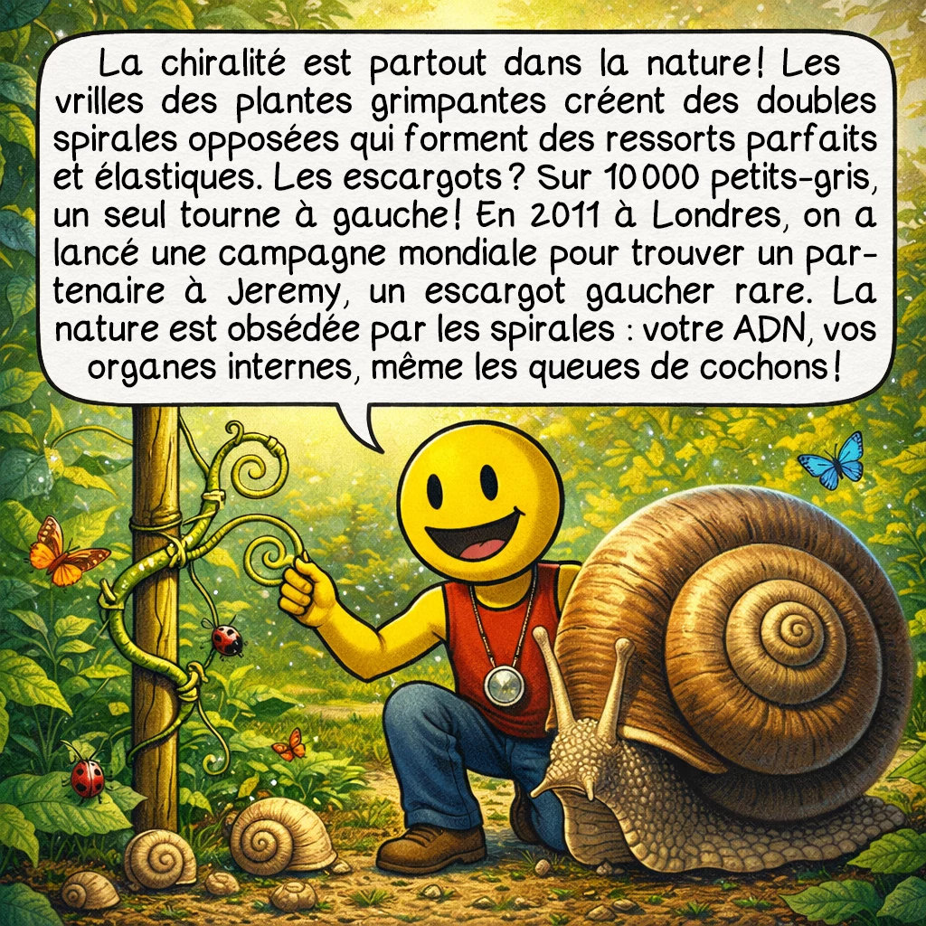La chiralité, case 7 : La chiralité est partout dans la nature ! Les vrilles des plantes grimpantes créent des doubles spirales opposées qui forment des ressorts parfaits et élastiques. Les escargots ? Sur 10 000 petits-gris, un seul tourne à gauche ! En 2011 à Londres, on a lancé une campagne mondiale pour trouver un partenaire à Jeremy, un escargot gaucher rare. La nature est obsédée par les spirales : votre ADN, vos organes internes, même les queues de cochons !