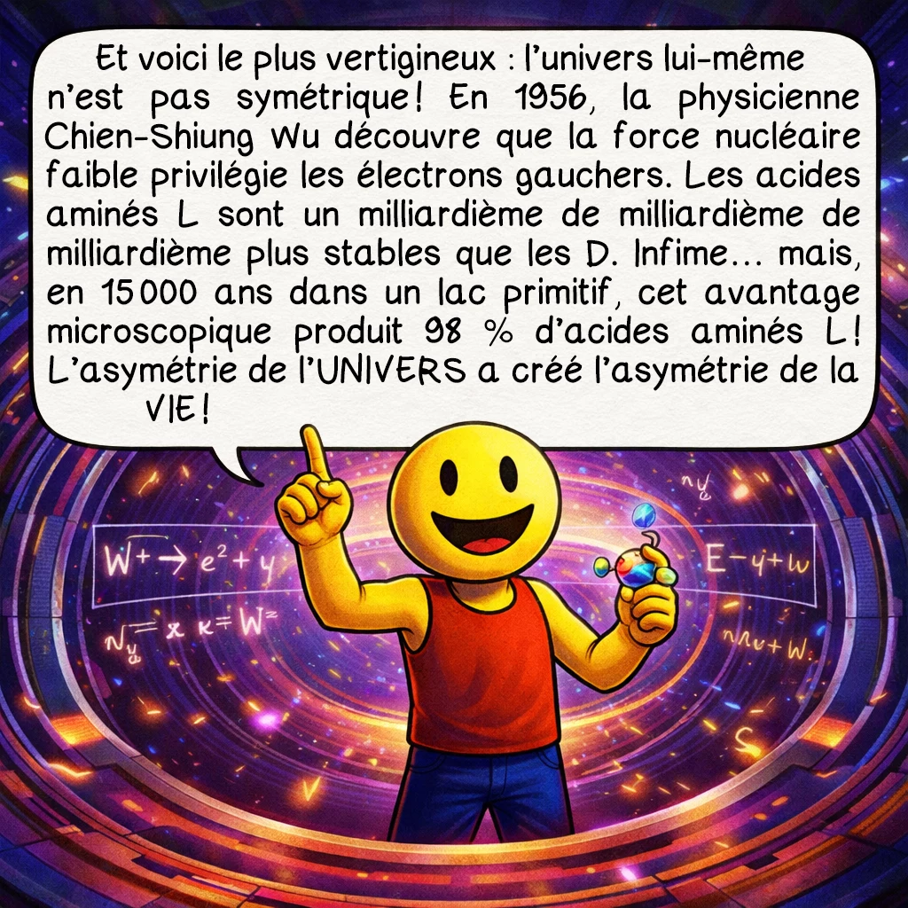 La chiralité, case 8 : Et voici le plus vertigineux : l’univers lui-même n’est pas symétrique ! En 1956, la physicienne Chien-Shiung Wu découvre que la force nucléaire faible privilégie les électrons gauchers. Les acides aminés L sont un milliardième de milliardième de milliardième plus stables que les D. Infime… mais, en 15 000 ans dans un lac primitif, cet avantage microscopique produit 98 % d’acides aminés L ! L’asymétrie de l’UNIVERS a créé l’asymétrie de la VIE !