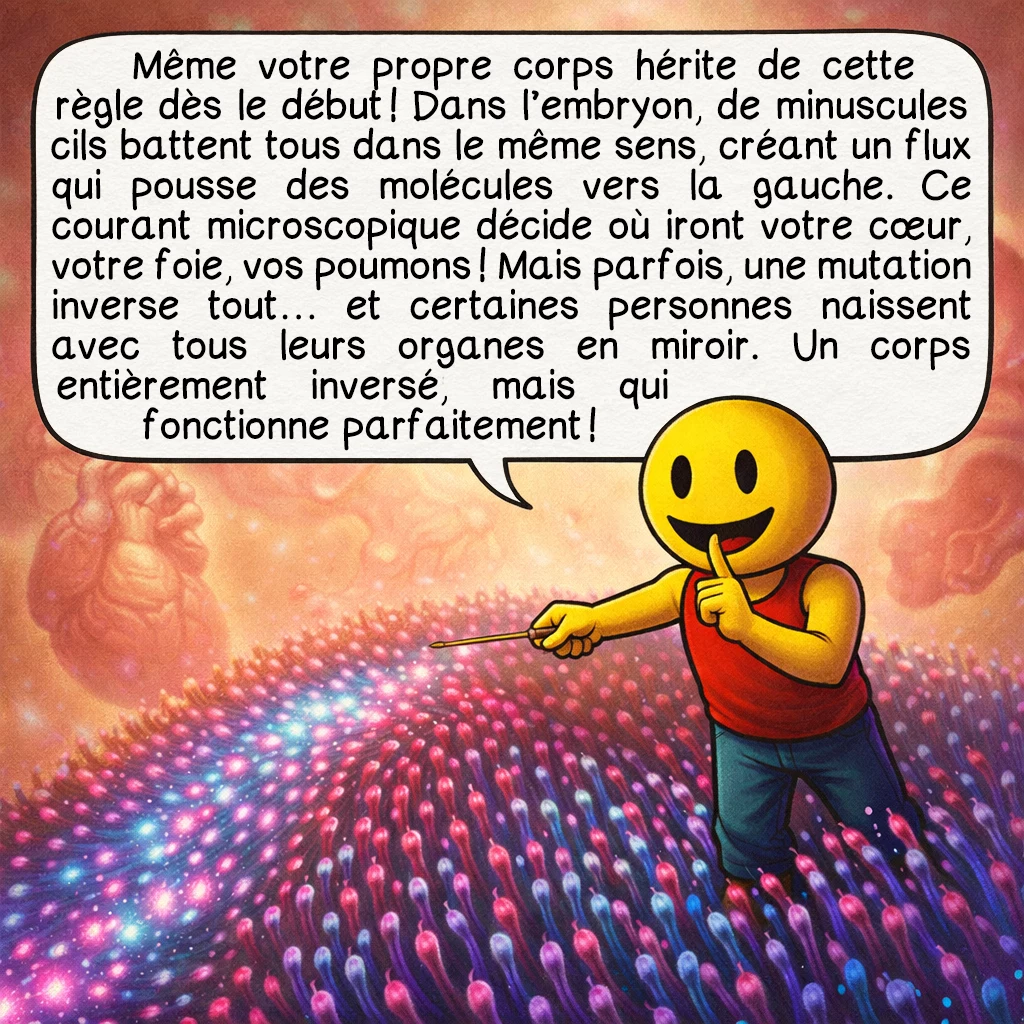La chiralité, case 9 : Même votre propre corps hérite de cette règle dès le début ! Dans l’embryon, de minuscules cils battent tous dans le même sens, créant un flux qui pousse des molécules vers la gauche. Ce courant microscopique décide où iront votre cœur, votre foie, vos poumons ! Mais parfois, une mutation inverse tout… et certaines personnes naissent avec tous leurs organes en miroir. Un corps entièrement inversé, mais qui fonctionne parfaitement !