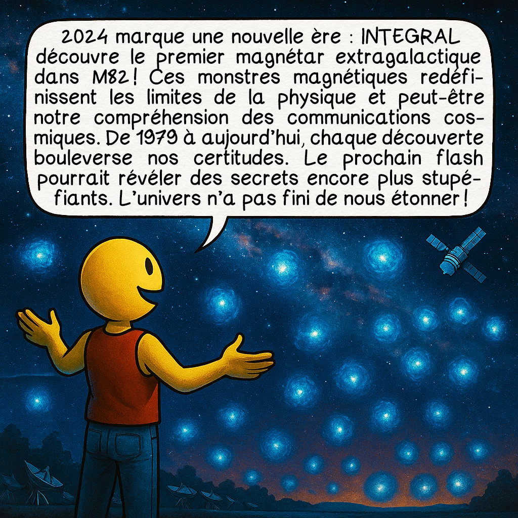 Les magnétars, case 10 : 2024 marque une nouvelle ère : INTEGRAL découvre le premier magnétar extragalactique dans M82 ! Ces monstres magnétiques redéfinissent les limites de la physique et peut-être notre compréhension des communications cosmiques. De 1979 à aujourd’hui, chaque découverte bouleverse nos certitudes. Le prochain flash pourrait révéler des secrets encore plus stupéfiants. L’univers n’a pas fini de nous étonner !