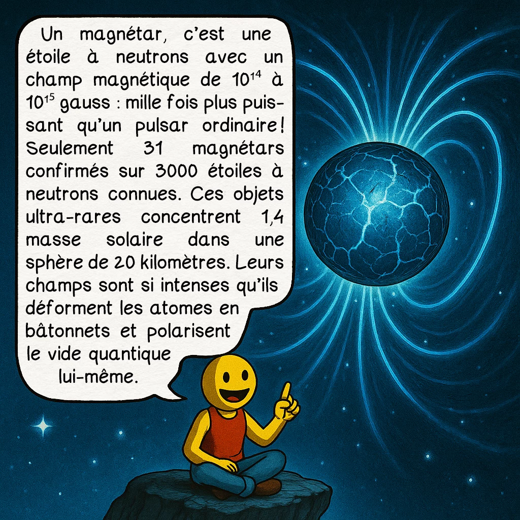 Les magnétars, case 2 : Un magnétar, c’est une étoile à neutrons avec un champ magnétique de 10¹⁴ à 10¹⁵ gauss : mille fois plus puissant qu’un pulsar ordinaire ! Seulement 31 magnétars confirmés sur 3000 étoiles à neutrons connues. Ces objets ultra-rares concentrent 1,4 masse solaire dans une sphère de 20 kilomètres. Leurs champs sont si intenses qu’ils déforment les atomes en bâtonnets et polarisent le vide quantique lui-même.
