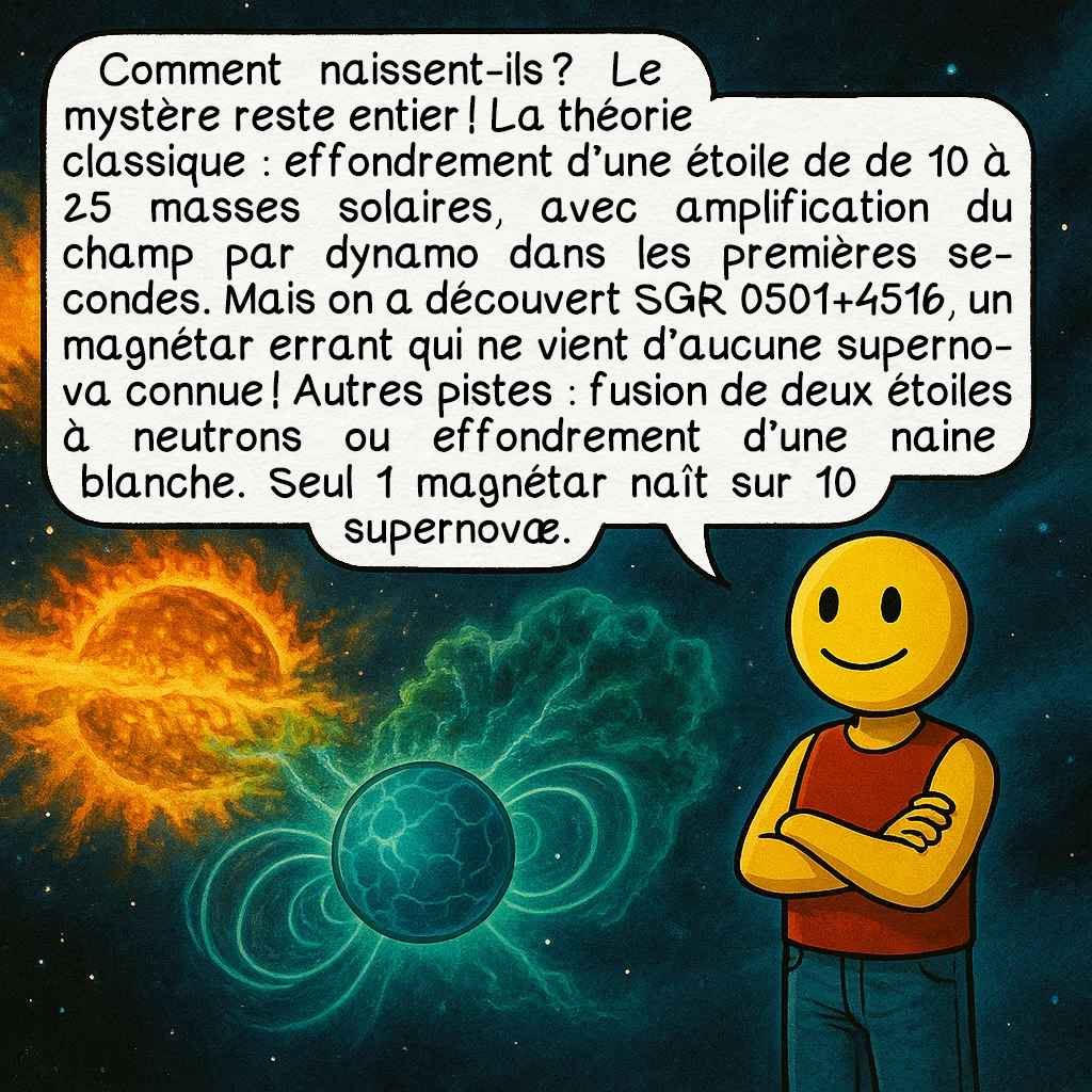 Les magnétars, case 3 : Comment naissent-ils ? Le mystère reste entier ! La théorie classique : effondrement d’une étoile de de 10 à 25 masses solaires, avec amplification du champ par dynamo dans les premières secondes. Mais on a découvert SGR 0501+4516, un magnétar errant qui ne vient d’aucune supernova connue ! Autres pistes : fusion de deux étoiles à neutrons ou effondrement d’une naine blanche. Seul 1 magnétar naît sur 10 supernovæ.