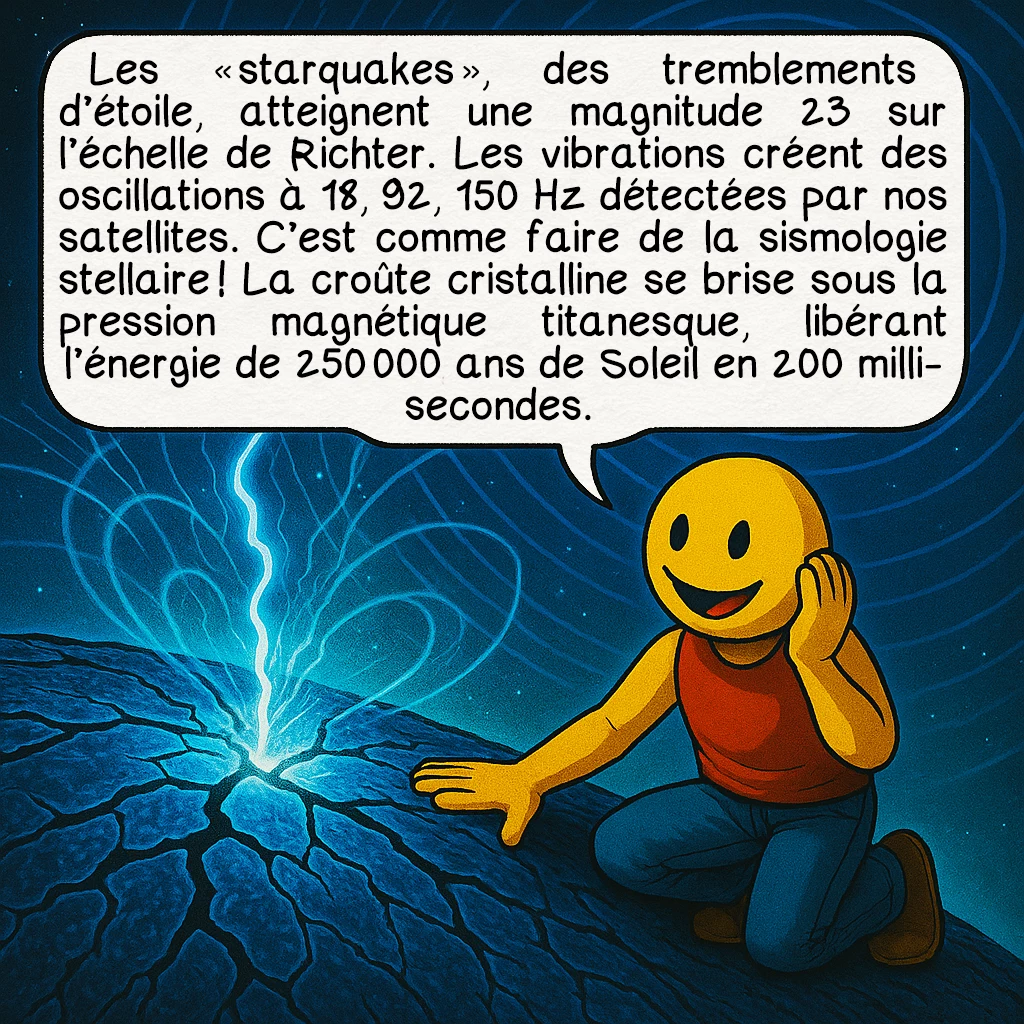 Les magnétars, case 4 : Les « starquakes », des tremblements d’étoile, atteignent une magnitude 23 sur l’échelle de Richter. Les vibrations créent des oscillations à 18, 92, 150 Hz détectées par nos satellites. C’est comme faire de la sismologie stellaire ! La croûte cristalline se brise sous la pression magnétique titanesque, libérant l’énergie de 250 000 ans de Soleil en 200 millisecondes.