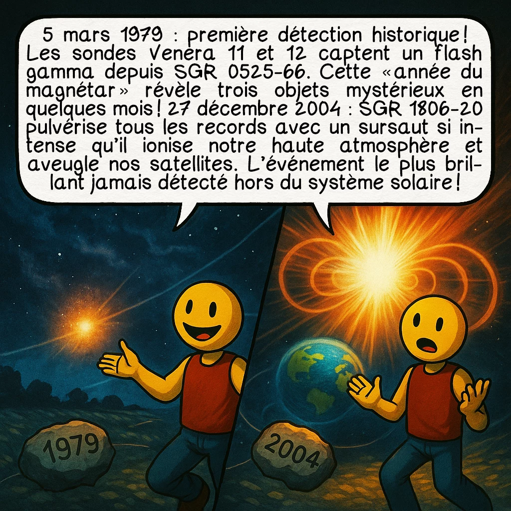 Les magnétars, case 5 : 5 mars 1979 : première détection historique ! Les sondes Venera 11 et 12 captent un flash gamma depuis SGR 0525-66. Cette « année du magnétar » révèle trois objets mystérieux en quelques mois ! 27 décembre 2004 : SGR 1806-20 pulvérise tous les records avec un sursaut si intense qu’il ionise notre haute atmosphère et aveugle nos satellites. L’événement le plus brillant jamais détecté hors du système solaire !