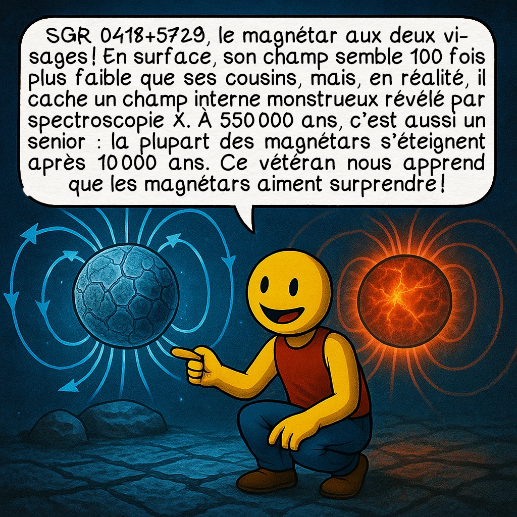 Les magnétars, case 6 : SGR 0418+5729, le magnétar aux deux visages ! En surface, son champ semble 100 fois plus faible que ses cousins, mais, en réalité, il cache un champ interne monstrueux révélé par spectroscopie X. À 550 000 ans, c’est aussi un senior : la plupart des magnétars s’éteignent après 10 000 ans. Ce vétéran nous apprend que les magnétars aiment surprendre !
