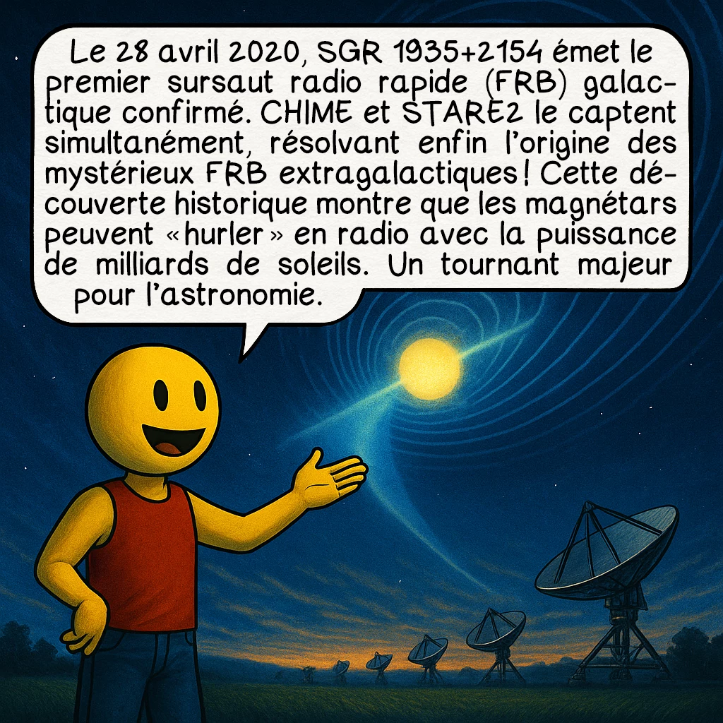 Les magnétars, case 7 : Le 28 avril 2020, SGR 1935+2154 émet le premier sursaut radio rapide (FRB) galactique confirmé. CHIME et STARE2 le captent simultanément, résolvant enfin l’origine des mystérieux FRB extragalactiques ! Cette découverte historique montre que les magnétars peuvent « hurler » en radio avec la puissance de milliards de soleils. Un tournant majeur pour l’astronomie.