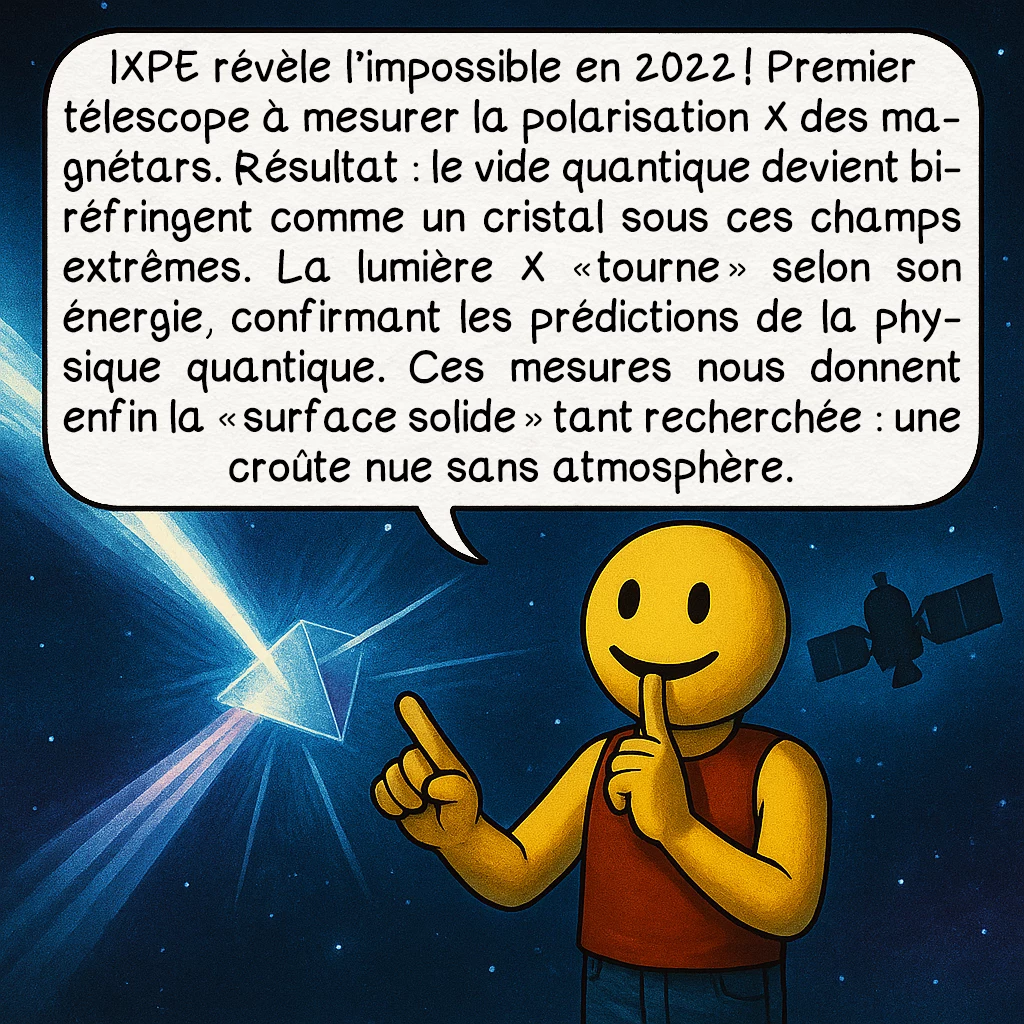 Les magnétars, case 8 : IXPE révèle l’impossible en 2022 ! Premier télescope à mesurer la polarisation X des magnétars. Résultat : le vide quantique devient biréfringent comme un cristal sous ces champs extrêmes. La lumière X « tourne » selon son énergie, confirmant les prédictions de la physique quantique. Ces mesures nous donnent enfin la « surface solide » tant recherchée : une croûte nue sans atmosphère.