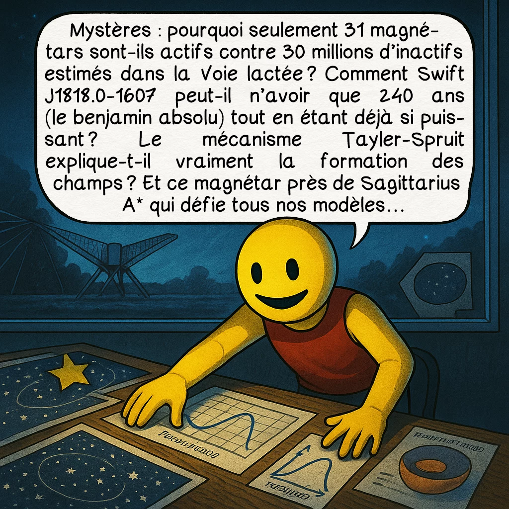 Les magnétars, case 9 : Mystères : pourquoi seulement 31 magnétars sont-ils actifs contre 30 millions d’inactifs estimés dans la Voie lactée ? Comment Swift J1818.0-1607 peut-il n’avoir que 240 ans (le benjamin absolu) tout en étant déjà si puissant ? Le mécanisme Tayler-Spruit explique-t-il vraiment la formation des champs ? Et ce magnétar près de Sagittarius A* qui défie tous nos modèles…