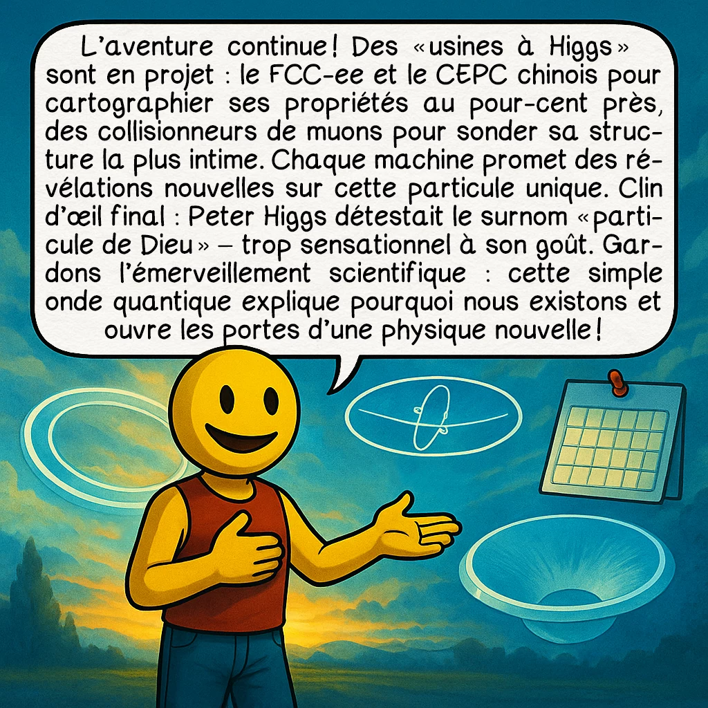 Le boson de Higgs, case 10 : L’aventure continue ! Des « usines à Higgs » sont en projet : le FCC-ee et le CEPC chinois pour cartographier ses propriétés au pour-cent près, des collisionneurs de muons pour sonder sa structure la plus intime. Chaque machine promet des révélations nouvelles sur cette particule unique. Clin d’œil final : Peter Higgs détestait le surnom « particule de Dieu » – trop sensationnel à son goût. Gardons l’émerveillement scientifique : cette simple onde quantique explique pourquoi nous existons et ouvre les portes d’une physique nouvelle !