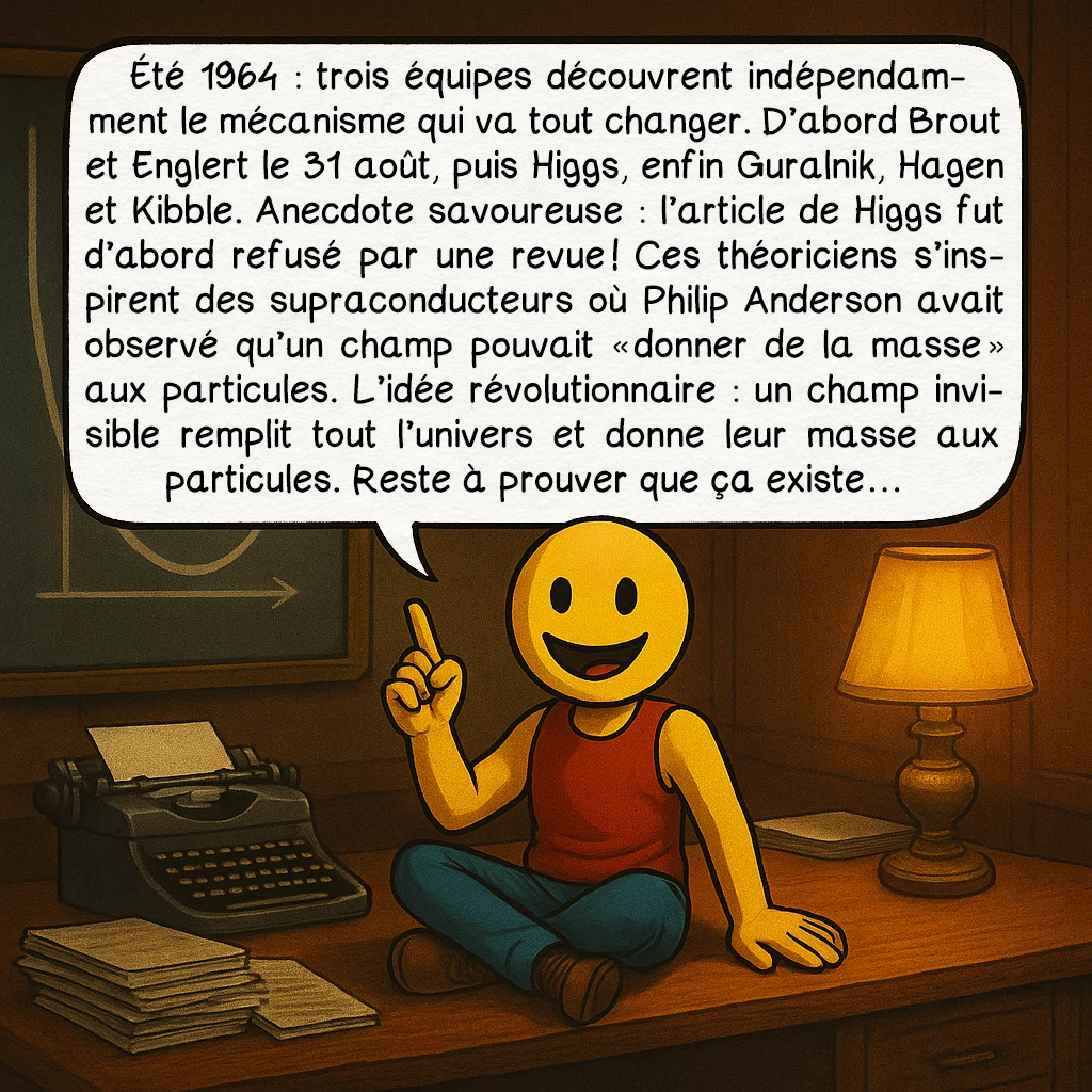 Le boson de Higgs, case 2 : Été 1964 : trois équipes découvrent indépendamment le mécanisme qui va tout changer. D’abord Brout et Englert le 31 août, puis Higgs, enfin Guralnik, Hagen et Kibble. Anecdote savoureuse : l’article de Higgs fut d’abord refusé par une revue ! Ces théoriciens s’inspirent des supraconducteurs où Philip Anderson avait observé qu’un champ pouvait « donner de la masse » aux particules. L’idée révolutionnaire : un champ invisible remplit tout l’univers et donne leur masse aux particules. Reste à prouver que ça existe…