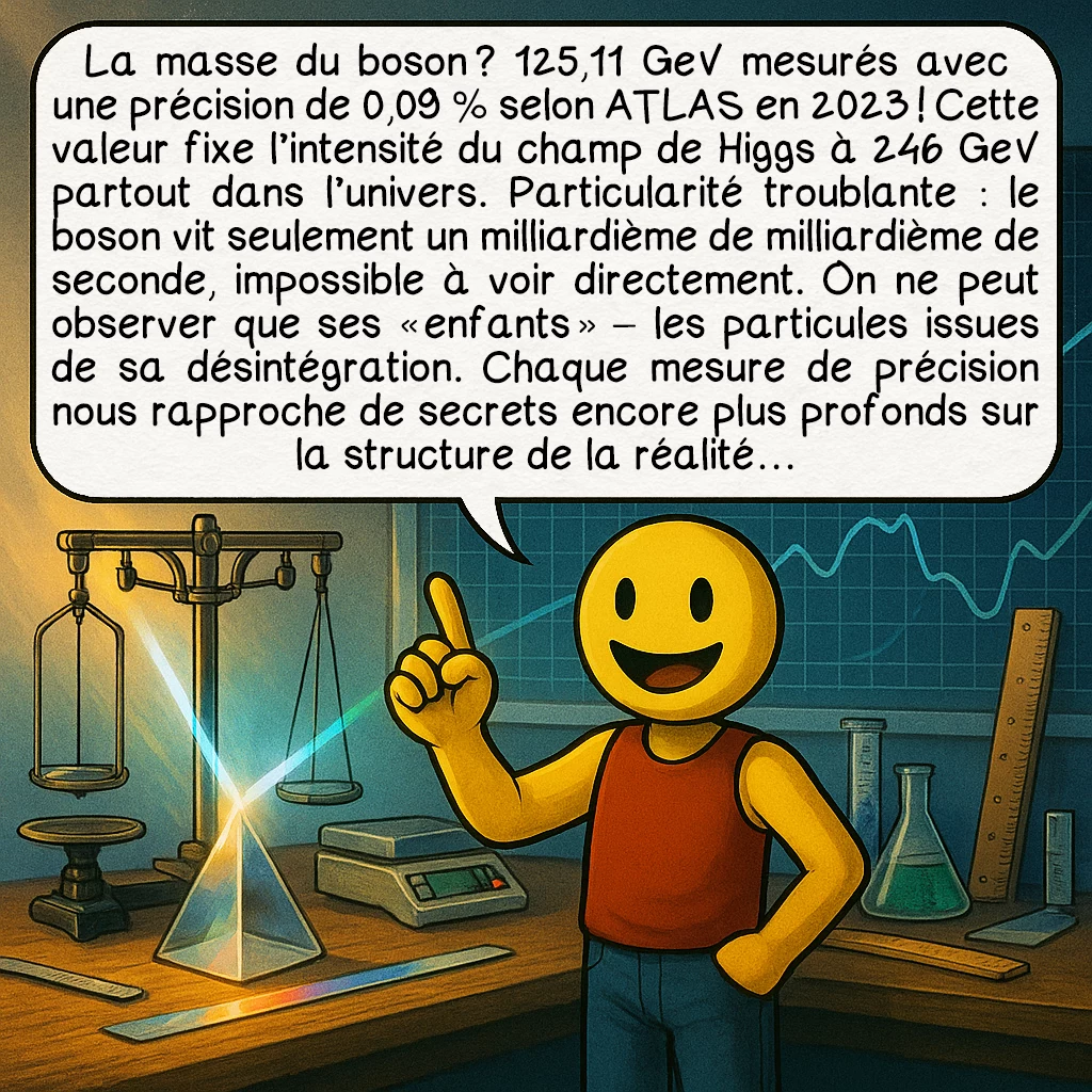 Le boson de Higgs, case 5 : La masse du boson ? 125,11 GeV mesurés avec une précision de 0,09 % selon ATLAS en 2023 ! Cette valeur fixe l’intensité du champ de Higgs à 246 GeV partout dans l’univers. Particularité troublante : le boson vit seulement un milliardième de milliardième de seconde, impossible à voir directement. On ne peut observer que ses « enfants » – les particules issues de sa désintégration. Chaque mesure de précision nous rapproche de secrets encore plus profonds sur la structure de la réalité…