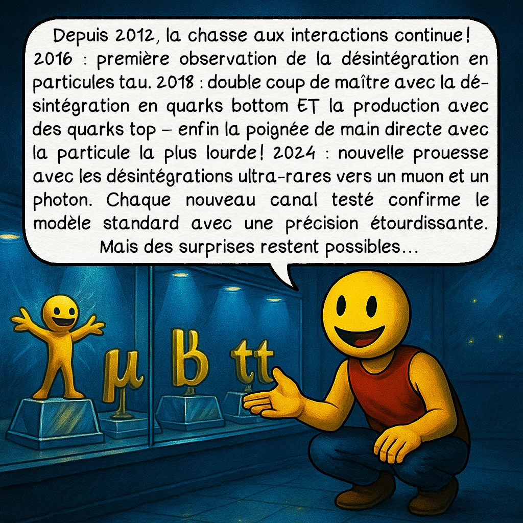 Le boson de Higgs, case 7 : Depuis 2012, la chasse aux interactions continue ! 2016 : première observation de la désintégration en particules tau. 2018 : double coup de maître avec la désintégration en quarks bottom ET la production avec des quarks top – enfin la poignée de main directe avec la particule la plus lourde ! 2024 : nouvelle prouesse avec les désintégrations ultra-rares vers un muon et un photon. Chaque nouveau canal testé confirme le modèle standard avec une précision étourdissante. Mais des surprises restent possibles…