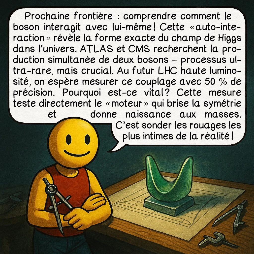 Le boson de Higgs, case 8 : Prochaine frontière : comprendre comment le boson interagit avec lui-même ! Cette « auto-interaction » révèle la forme exacte du champ de Higgs dans l’univers. ATLAS et CMS recherchent la production simultanée de deux bosons – processus ultra-rare, mais crucial. Au futur LHC haute luminosité, on espère mesurer ce couplage avec 50 % de précision. Pourquoi est-ce vital ? Cette mesure teste directement le « moteur » qui brise la symétrie et donne naissance aux masses. C’est sonder les rouages les plus intimes de la réalité !