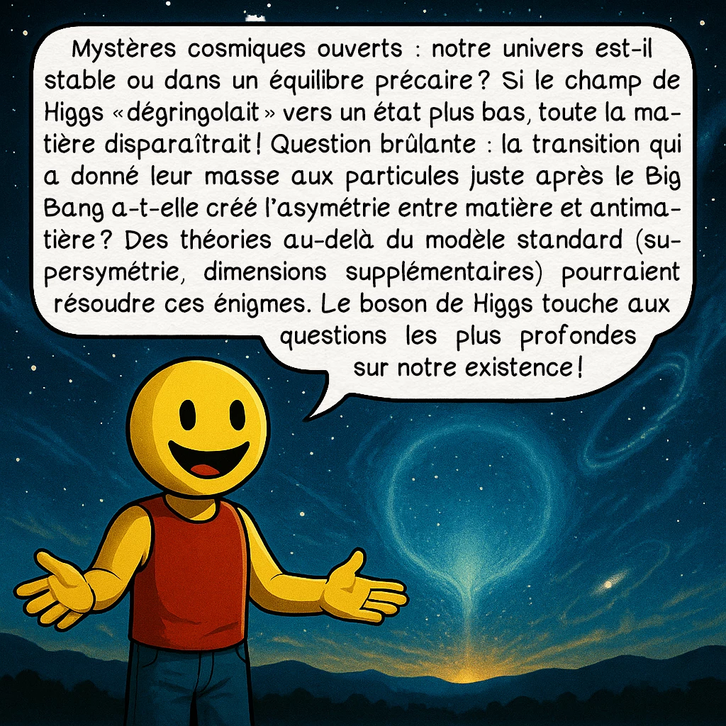 Le boson de Higgs, case 9 : Mystères cosmiques ouverts : notre univers est-il stable ou dans un équilibre précaire ? Si le champ de Higgs « dégringolait » vers un état plus bas, toute la matière disparaîtrait ! Question brûlante : la transition qui a donné leur masse aux particules juste après le Big Bang a-t-elle créé l’asymétrie entre matière et antimatière ? Des théories au-delà du modèle standard (supersymétrie, dimensions supplémentaires) pourraient résoudre ces énigmes. Le boson de Higgs touche aux questions les plus profondes sur notre existence !
