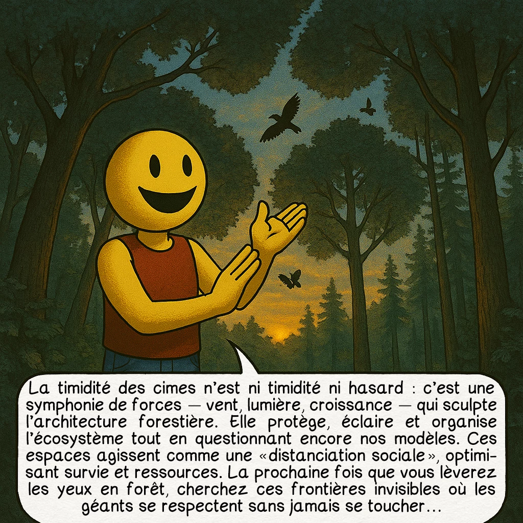 La timidité des cimes, case 10 : La timidité des cimes n’est ni timidité ni hasard : c’est une symphonie de forces — vent, lumière, croissance — qui sculpte l’architecture forestière. Elle protège, éclaire et organise l’écosystème tout en questionnant encore nos modèles. Ces espaces agissent comme une « distanciation sociale », optimisant survie et ressources. La prochaine fois que vous lèverez les yeux en forêt, cherchez ces frontières invisibles où les géants se respectent sans jamais se toucher…
