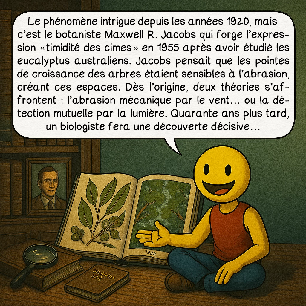 La timidité des cimes, case 2 : Le phénomène intrigue depuis les années 1920, mais c’est le botaniste Maxwell R. Jacobs qui forge l’expression « timidité des cimes » en 1955 après avoir étudié les eucalyptus australiens. Jacobs pensait que les pointes de croissance des arbres étaient sensibles à l’abrasion, créant ces espaces. Dès l’origine, deux théories s’affrontent : l’abrasion mécanique par le vent… ou la détection mutuelle par la lumière. Quarante ans plus tard, un biologiste fera une découverte décisive…