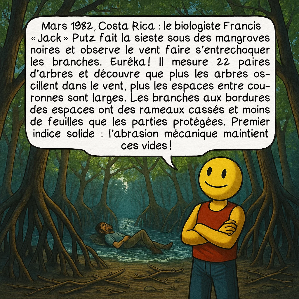 La timidité des cimes, case 3 : Mars 1982, Costa Rica : le biologiste Francis « Jack » Putz fait la sieste sous des mangroves noires et observe le vent faire s’entrechoquer les branches. Eurêka ! Il mesure 22 paires d’arbres et découvre que plus les arbres oscillent dans le vent, plus les espaces entre couronnes sont larges. Les branches aux bordures des espaces ont des rameaux cassés et moins de feuilles que les parties protégées. Premier indice solide : l’abrasion mécanique maintient ces vides !
