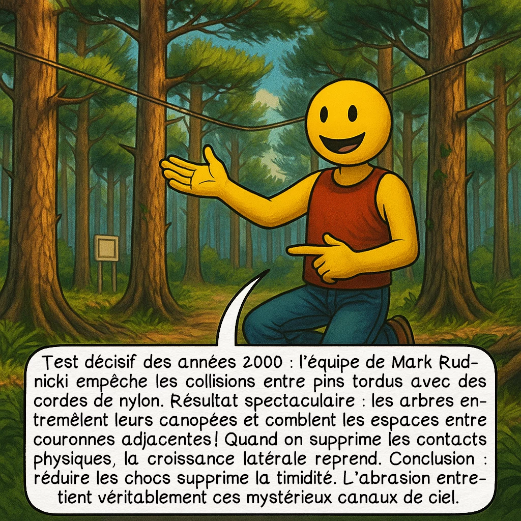 La timidité des cimes, case 4 : Test décisif des années 2000 : l’équipe de Mark Rudnicki empêche les collisions entre pins tordus avec des cordes de nylon. Résultat spectaculaire : les arbres entremêlent leurs canopées et comblent les espaces entre couronnes adjacentes ! Quand on supprime les contacts physiques, la croissance latérale reprend. Conclusion : réduire les chocs supprime la timidité. L’abrasion entretient véritablement ces mystérieux canaux de ciel.