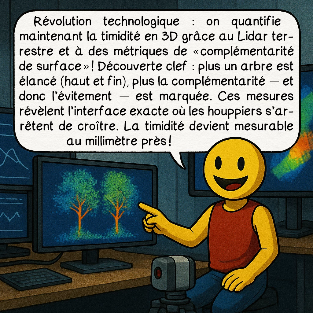 La timidité des cimes, case 5 : Révolution technologique : on quantifie maintenant la timidité en 3D grâce au Lidar terrestre et à des métriques de « complémentarité de surface » ! Découverte clef : plus un arbre est élancé (haut et fin), plus la complémentarité — et donc l’évitement — est marquée. Ces mesures révèlent l’interface exacte où les houppiers s’arrêtent de croître. La timidité devient mesurable au millimètre près !