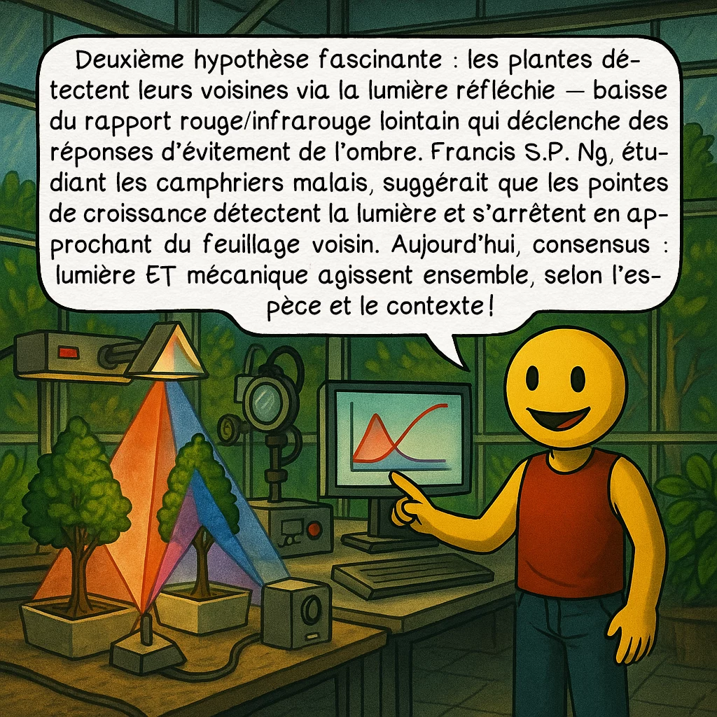 La timidité des cimes, case 6 : Deuxième hypothèse fascinante : les plantes détectent leurs voisines via la lumière réfléchie — baisse du rapport rouge/infrarouge lointain qui déclenche des réponses d’évitement de l’ombre. Francis S.P. Ng, étudiant les camphriers malais, suggérait que les pointes de croissance détectent la lumière et s’arrêtent en approchant du feuillage voisin. Aujourd’hui, consensus : lumière ET mécanique agissent ensemble, selon l’espèce et le contexte !