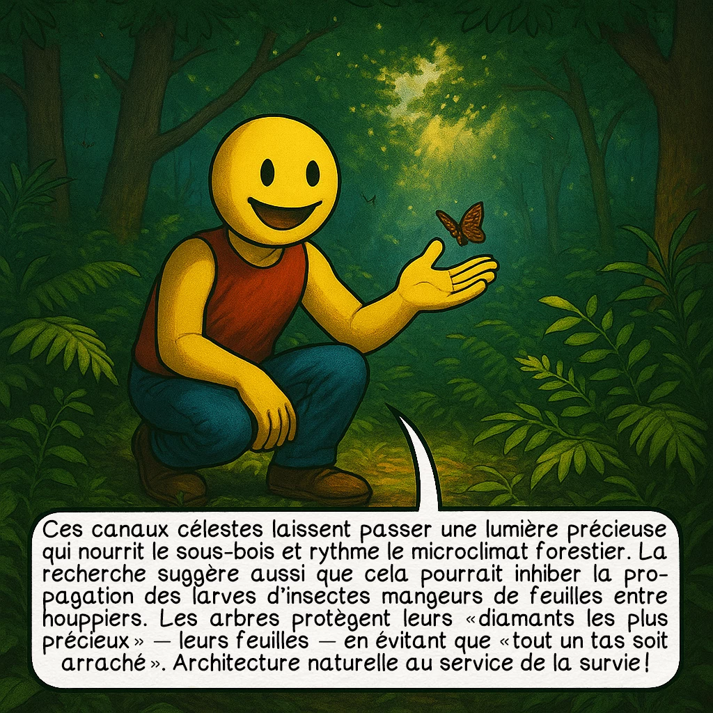 La timidité des cimes, case 7 : Ces canaux célestes laissent passer une lumière précieuse qui nourrit le sous-bois et rythme le microclimat forestier. La recherche suggère aussi que cela pourrait inhiber la propagation des larves d’insectes mangeurs de feuilles entre houppiers. Les arbres protègent leurs « diamants les plus précieux » — leurs feuilles — en évitant que « tout un tas soit arraché ». Architecture naturelle au service de la survie !
