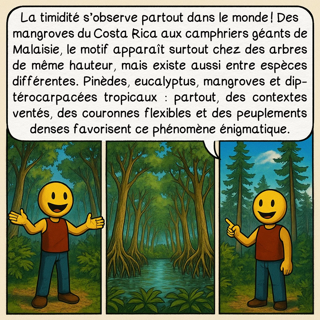 La timidité des cimes, case 8 : La timidité s’observe partout dans le monde ! Des mangroves du Costa Rica aux camphriers géants de Malaisie, le motif apparaît surtout chez des arbres de même hauteur, mais existe aussi entre espèces différentes. Pinèdes, eucalyptus, mangroves et diptérocarpacées tropicaux : partout, des contextes ventés, des couronnes flexibles et des peuplements denses favorisent ce phénomène énigmatique.