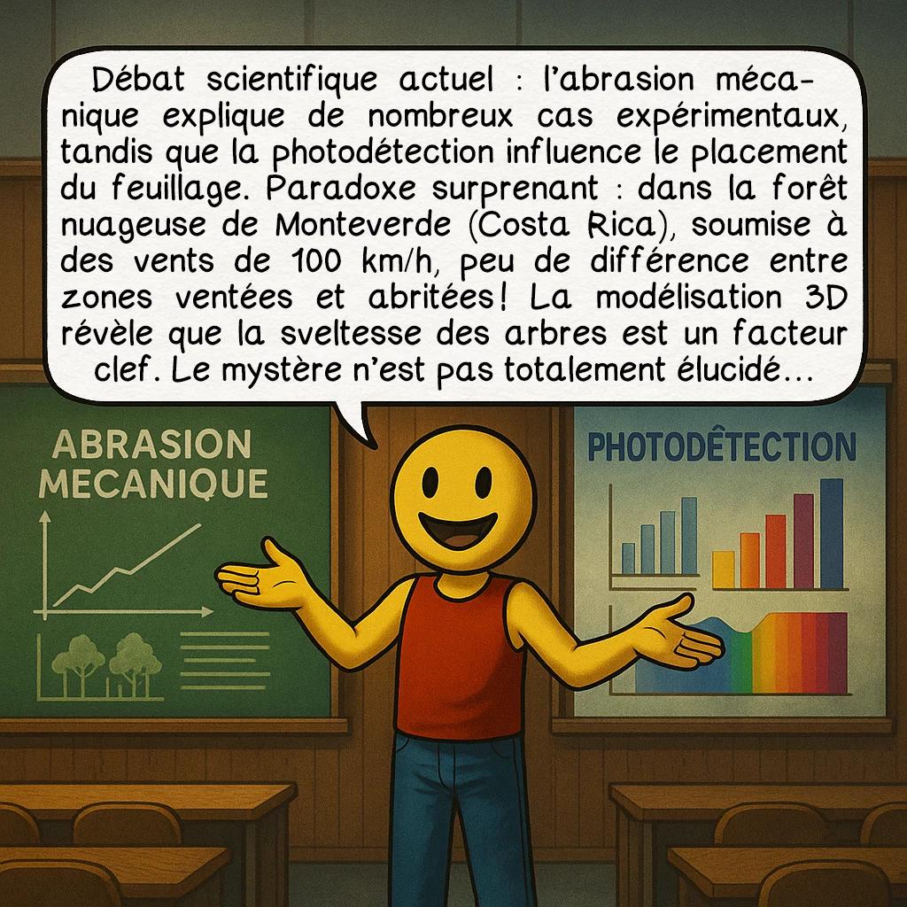 La timidité des cimes, case 9 : Débat scientifique actuel : l’abrasion mécanique explique de nombreux cas expérimentaux, tandis que la photodétection influence le placement du feuillage. Paradoxe surprenant : dans la forêt nuageuse de Monteverde (Costa Rica), soumise à des vents de 100 km/h, peu de différence entre zones ventées et abritées ! La modélisation 3D révèle que la sveltesse des arbres est un facteur clef. Le mystère n’est pas totalement élucidé…