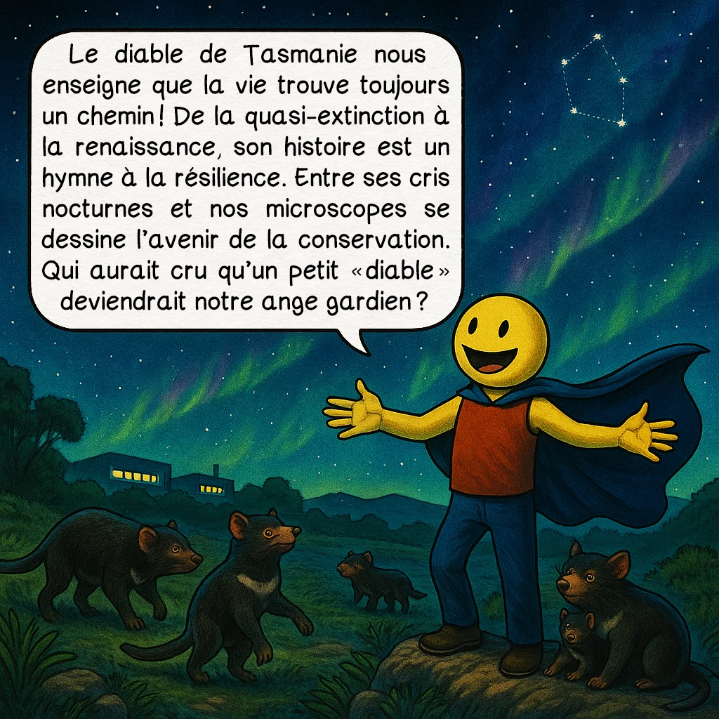 Le diable de Tasmanie, case 10 : Le diable de Tasmanie nous enseigne que la vie trouve toujours un chemin ! De la quasi-extinction à la renaissance, son histoire est un hymne à la résilience. Entre ses cris nocturnes et nos microscopes se dessine l’avenir de la conservation. Qui aurait cru qu’un petit « diable » deviendrait notre ange gardien ?