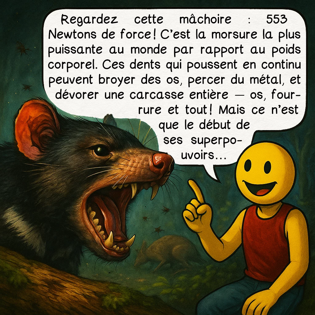 Le diable de Tasmanie, case 2 : Regardez cette mâchoire : 553 Newtons de force ! C’est la morsure la plus puissante au monde par rapport au poids corporel. Ces dents qui poussent en continu peuvent broyer des os, percer du métal, et dévorer une carcasse entière — os, fourrure et tout ! Mais ce n’est que le début de ses superpouvoirs…