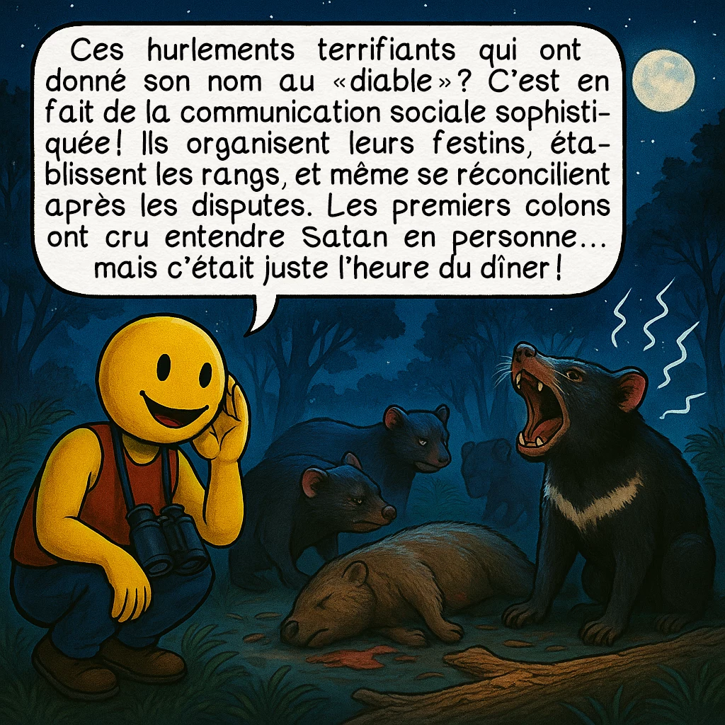 Le diable de Tasmanie, case 3 : Ces hurlements terrifiants qui ont donné son nom au « diable » ? C’est en fait de la communication sociale sophistiquée ! Ils organisent leurs festins, établissent les rangs, et même se réconcilient après les disputes. Les premiers colons ont cru entendre Satan en personne… mais c’était juste l’heure du dîner !