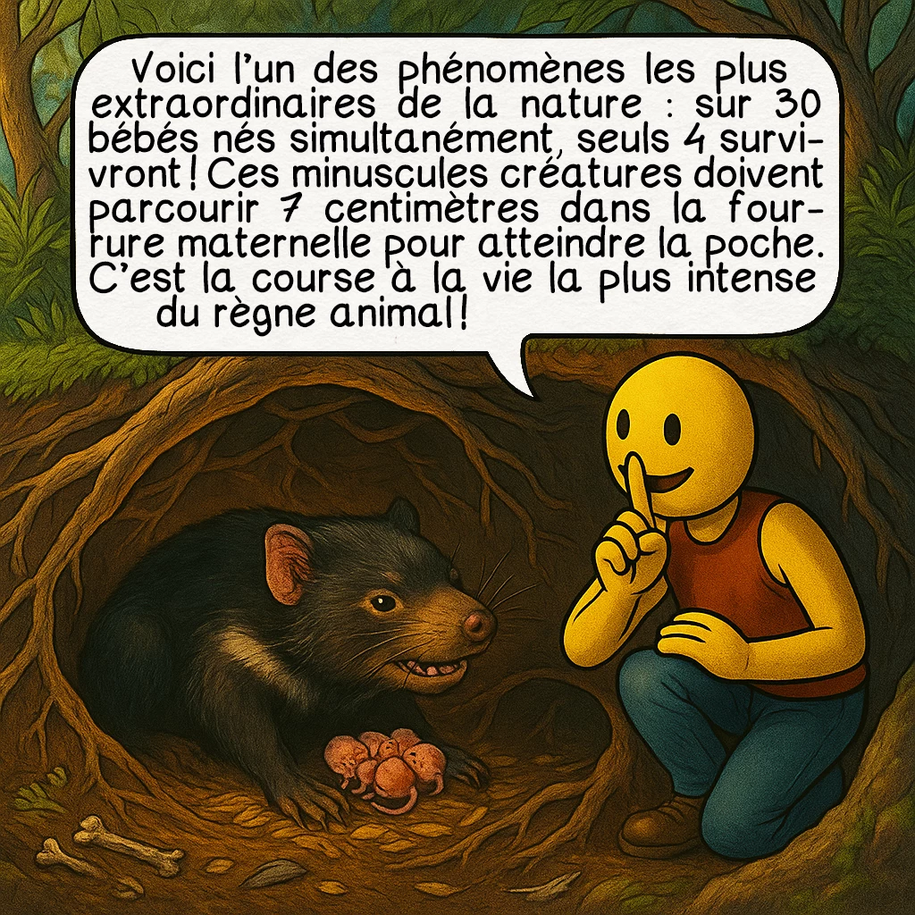 Le diable de Tasmanie, case 4 : Voici l’un des phénomènes les plus extraordinaires de la nature : sur 30 bébés nés simultanément, seuls 4 survivront ! Ces minuscules créatures doivent parcourir 7 centimètres dans la fourrure maternelle pour atteindre la poche. C’est la course à la vie la plus intense du règne animal !