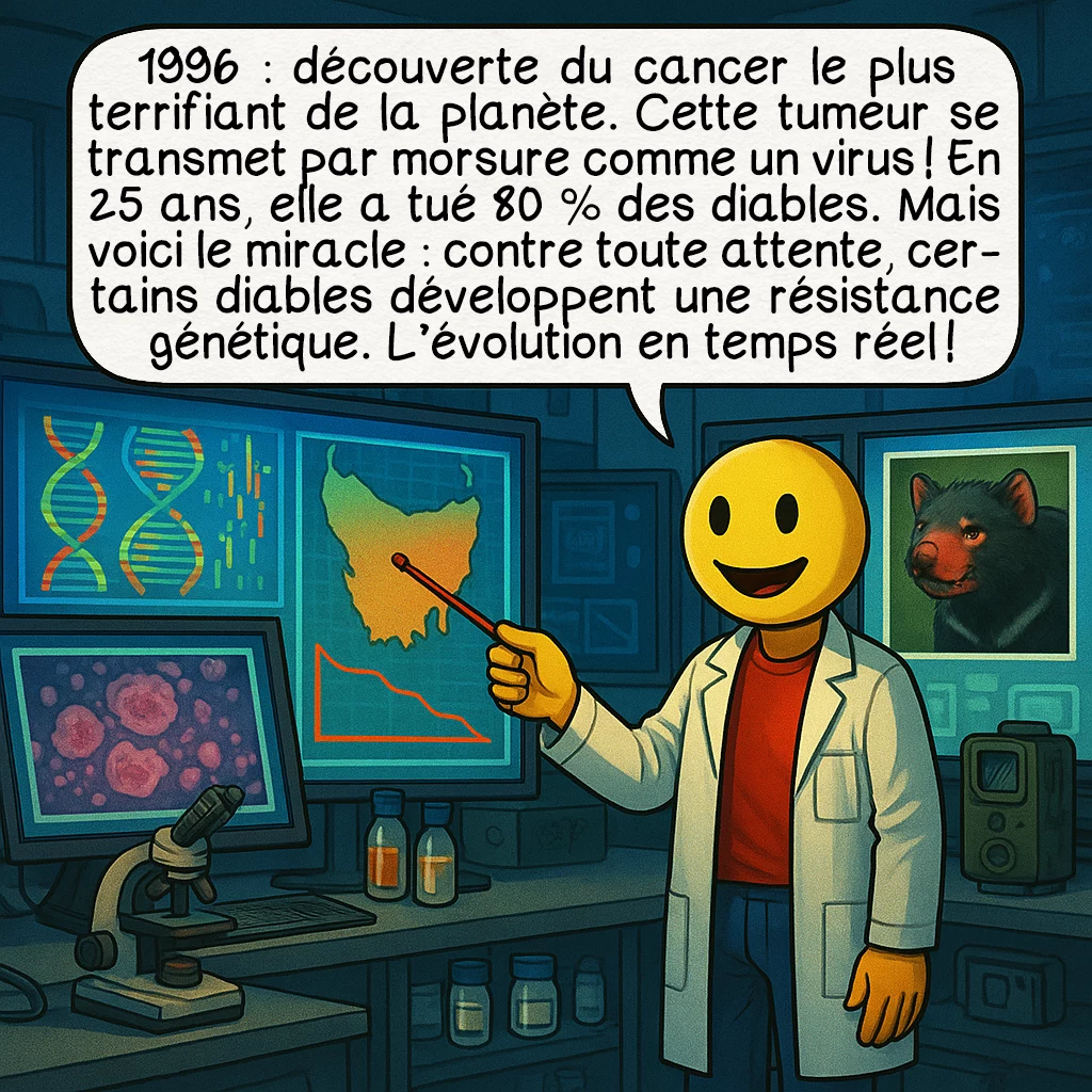 Le diable de Tasmanie, case 5 : 1996 : découverte du cancer le plus terrifiant de la planète. Cette tumeur se transmet par morsure comme un virus ! En 25 ans, elle a tué 80 % des diables. Mais voici le miracle : contre toute attente, certains diables développent une résistance génétique. L’évolution en temps réel !
