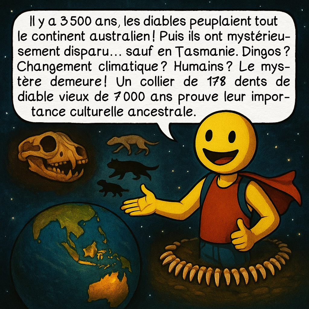 Le diable de Tasmanie, case 6 : Il y a 3 500 ans, les diables peuplaient tout le continent australien ! Puis ils ont mystérieusement disparu… sauf en Tasmanie. Dingos ? Changement climatique ? Humains ? Le mystère demeure ! Un collier de 178 dents de diable vieux de 7 000 ans prouve leur importance culturelle ancestrale.