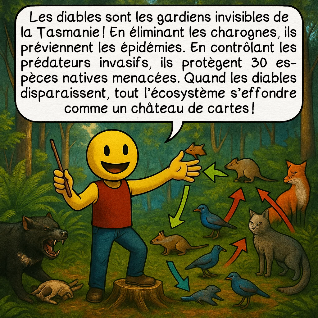 Le diable de Tasmanie, case 7 : Les diables sont les gardiens invisibles de la Tasmanie ! En éliminant les charognes, ils préviennent les épidémies. En contrôlant les prédateurs invasifs, ils protègent 30 espèces natives menacées. Quand les diables disparaissent, tout l’écosystème s’effondre comme un château de cartes !
