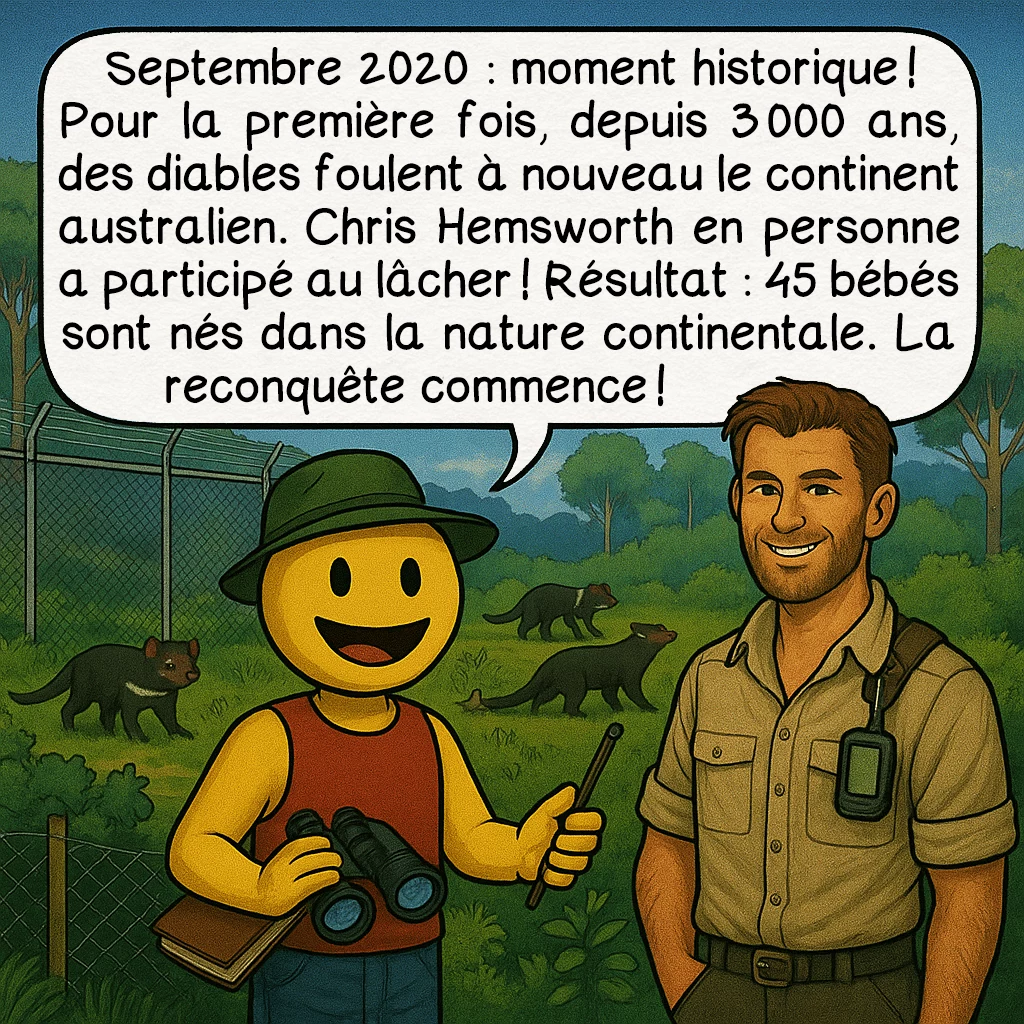 Le diable de Tasmanie, case 8 : Septembre 2020 : moment historique ! Pour la première fois, depuis 3 000 ans, des diables foulent à nouveau le continent australien. Chris Hemsworth en personne a participé au lâcher ! Résultat : 45 bébés sont nés dans la nature continentale. La reconquête commence !