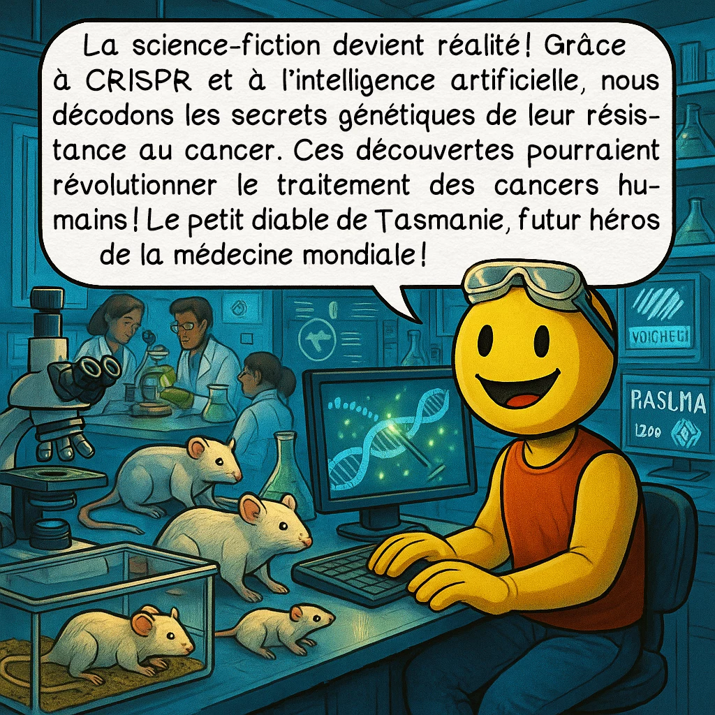 Le diable de Tasmanie, case 9 : La science-fiction devient réalité ! Grâce à CRISPR et à l’intelligence artificielle, nous décodons les secrets génétiques de leur résistance au cancer. Ces découvertes pourraient révolutionner le traitement des cancers humains ! Le petit diable de Tasmanie, futur héros de la médecine mondiale !