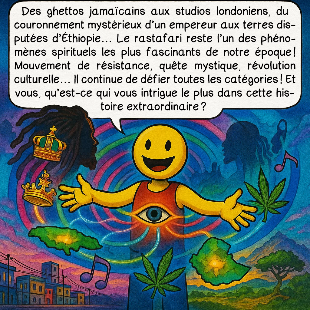 Le mouvement rastafari, case 10 : Des ghettos jamaïcains aux studios londoniens, du couronnement mystérieux d’un empereur aux terres disputées d’Éthiopie… Le rastafari reste l’un des phénomènes spirituels les plus fascinants de notre époque ! Mouvement de résistance, quête mystique, révolution culturelle… Il continue de défier toutes les catégories ! Et vous, qu’est-ce qui vous intrigue le plus dans cette histoire extraordinaire ?
