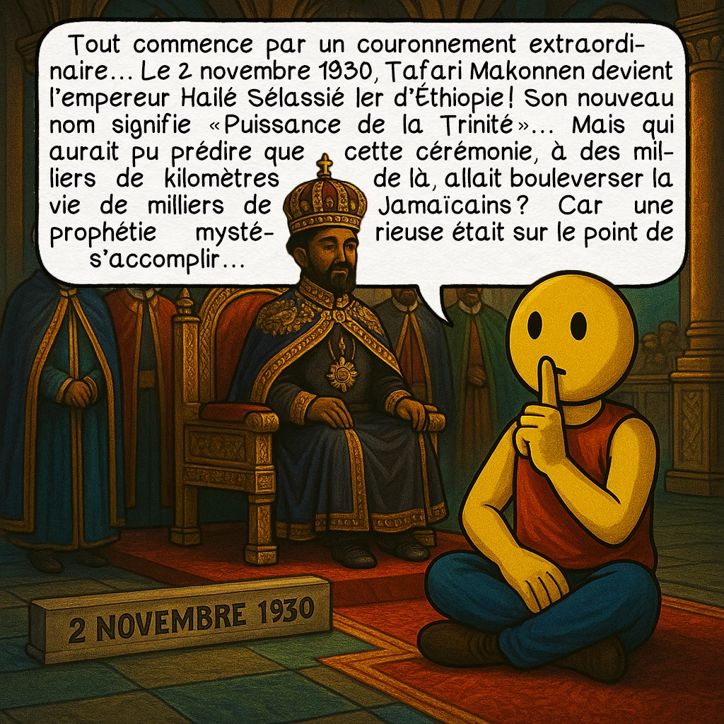 Le mouvement rastafari, case 2 : Tout commence par un couronnement extraordinaire… Le 2 novembre 1930, Tafari Makonnen devient l’empereur Hailé Sélassié Ier d’Éthiopie ! Son nouveau nom signifie « Puissance de la Trinité »… Mais qui aurait pu prédire que cette cérémonie, à des milliers de kilomètres de là, allait bouleverser la vie de milliers de Jamaïcains ? Car une prophétie mystérieuse était sur le point de s’accomplir…