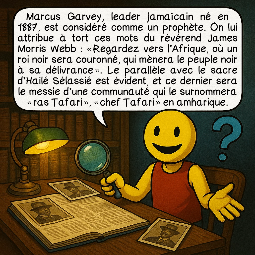 Le mouvement rastafari, case 3 : Marcus Garvey, leader jamaïcain né en 1887, est considéré comme un prophète. On lui attribue à tort ces mots du révérend James Morris Webb : « Regardez vers l’Afrique, où un roi noir sera couronné, qui mènera le peuple noir à sa délivrance ». Le parallèle avec le sacre d’Hailé Sélassié est évident, et ce dernier sera le messie d’une communauté qui le surnommera « ras Tafari », « chef Tafari » en amharique.