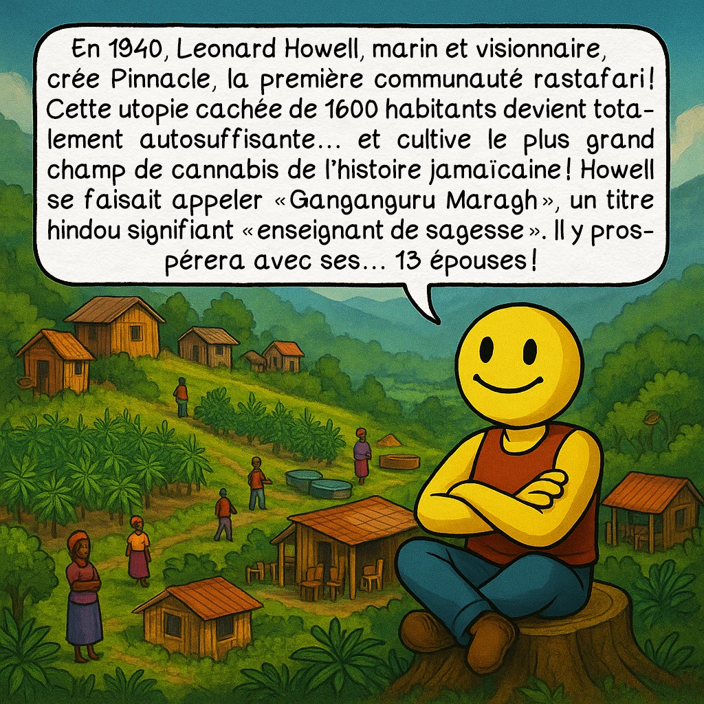 Le mouvement rastafari, case 4 : En 1940, Leonard Howell, marin et visionnaire, crée Pinnacle, la première communauté rastafari ! Cette utopie cachée de 1600 habitants devient totalement autosuffisante… et cultive le plus grand champ de cannabis de l’histoire jamaïcaine ! Howell se faisait appeler « Ganganguru Maragh », un titre hindou signifiant « enseignant de sagesse ». Il y prospérera avec ses… 13 épouses !