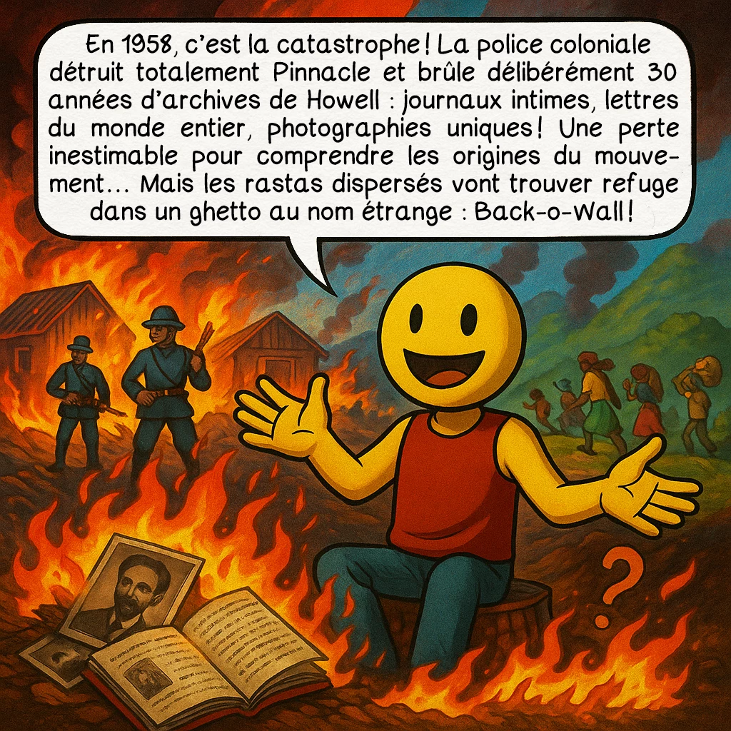 Le mouvement rastafari, case 6 : En 1958, c’est la catastrophe ! La police coloniale détruit totalement Pinnacle et brûle délibérément 30 années d’archives de Howell : journaux intimes, lettres du monde entier, photographies uniques ! Une perte inestimable pour comprendre les origines du mouvement… Mais les rastas dispersés vont trouver refuge dans un ghetto au nom étrange : Back-o-Wall !