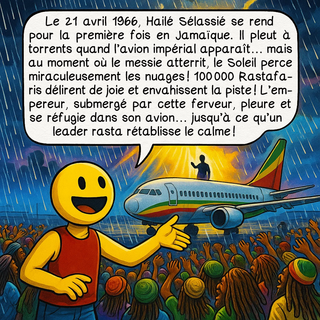 Le mouvement rastafari, case 7 : Le 21 avril 1966, Hailé Sélassié se rend pour la première fois en Jamaïque. Il pleut à torrents quand l’avion impérial apparaît… mais au moment où le messie atterrit, le Soleil perce miraculeusement les nuages ! 100 000 Rastafaris délirent de joie et envahissent la piste ! L’empereur, submergé par cette ferveur, pleure et se réfugie dans son avion… jusqu’à ce qu’un leader rasta rétablisse le calme !