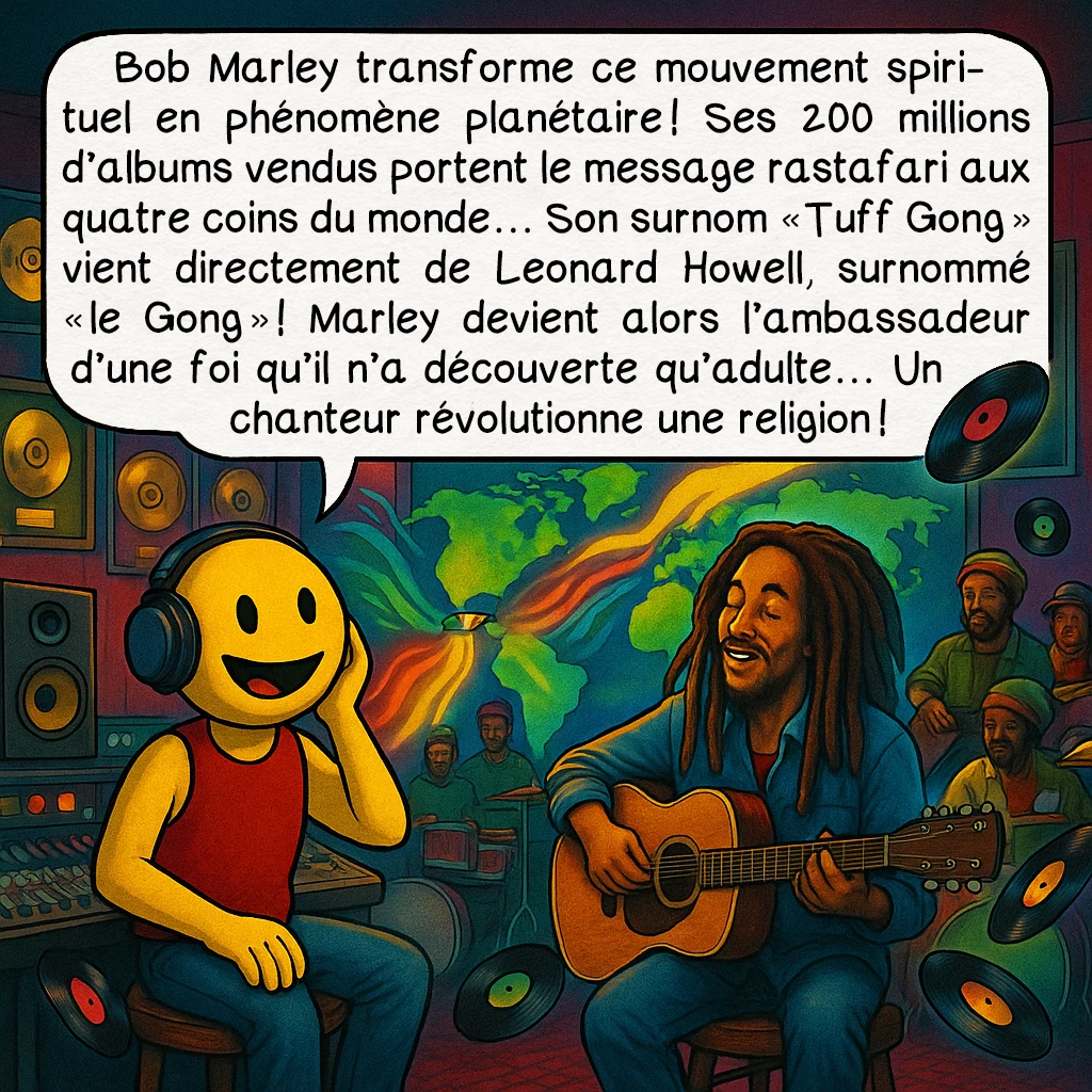 Le mouvement rastafari, case 8 : Bob Marley transforme ce mouvement spirituel en phénomène planétaire ! Ses 200 millions d’albums vendus portent le message rastafari aux quatre coins du monde… Son surnom « Tuff Gong » vient directement de Leonard Howell, surnommé « le Gong » ! Marley devient alors l’ambassadeur d’une foi qu’il n’a découverte qu’adulte… Un chanteur révolutionne une religion !