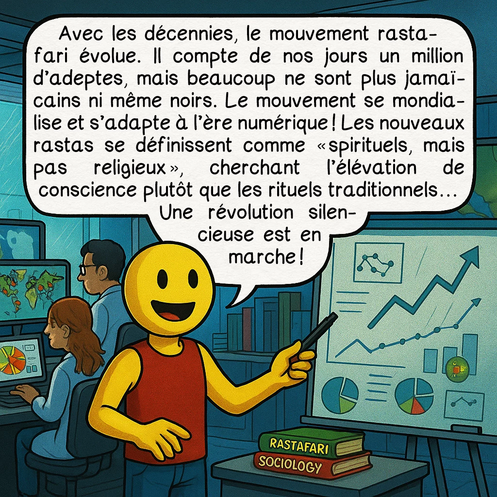 Le mouvement rastafari, case 9 : Avec les décennies, le mouvement rastafari évolue. Il compte de nos jours un million d’adeptes, mais beaucoup ne sont plus jamaïcains ni même noirs. Le mouvement se mondialise et s’adapte à l’ère numérique ! Les nouveaux rastas se définissent comme « spirituels, mais pas religieux », cherchant l’élévation de conscience plutôt que les rituels traditionnels… Une révolution silencieuse est en marche !