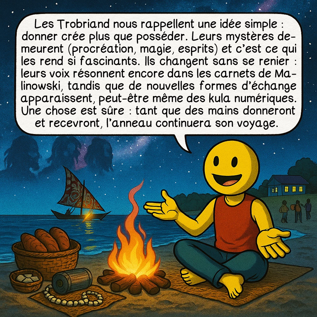 Les îles Trobriand, case 10 : Les Trobriand nous rappellent une idée simple : donner crée plus que posséder. Leurs mystères demeurent (procréation, magie, esprits) et c’est ce qui les rend si fascinants. Ils changent sans se renier : leurs voix résonnent encore dans les carnets de Malinowski, tandis que de nouvelles formes d’échange apparaissent, peut-être même des kula numériques. Une chose est sûre : tant que des mains donneront et recevront, l’anneau continuera son voyage.
