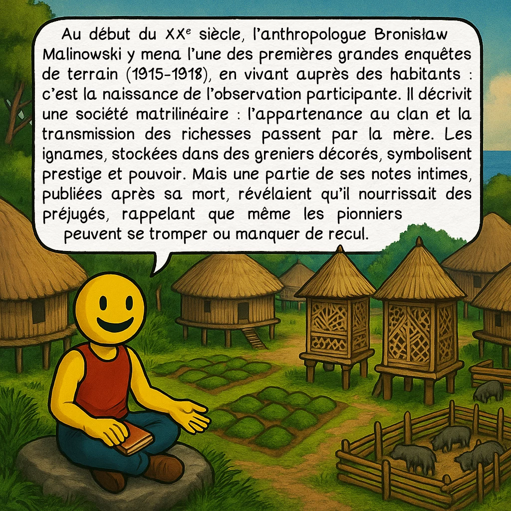 Les îles Trobriand, case 2 : Au début du XXᵉ siècle, l’anthropologue Bronisław Malinowski y mena l’une des premières grandes enquêtes de terrain (1915-1918), en vivant auprès des habitants : c’est la naissance de l’observation participante. Il décrivit une société matrilinéaire : l’appartenance au clan et la transmission des richesses passent par la mère. Les ignames, stockées dans des greniers décorés, symbolisent prestige et pouvoir. Mais une partie de ses notes intimes, publiées après sa mort, révélaient qu’il nourrissait des préjugés, rappelant que même les pionniers peuvent se tromper ou manquer de recul.