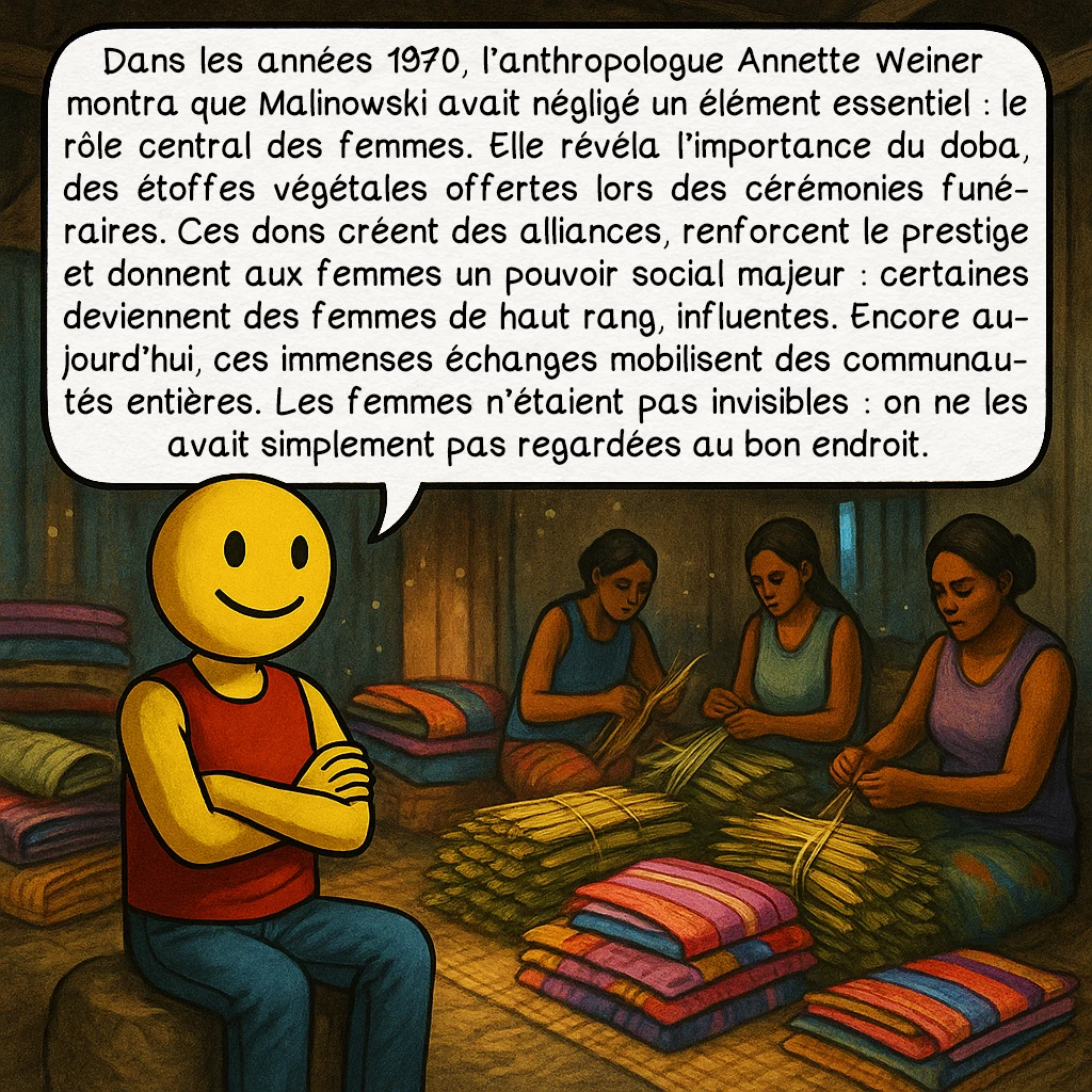 Les îles Trobriand, case 3 : Dans les années 1970, l’anthropologue Annette Weiner montra que Malinowski avait négligé un élément essentiel : le rôle central des femmes. Elle révéla l’importance du doba, des étoffes végétales offertes lors des cérémonies funéraires. Ces dons créent des alliances, renforcent le prestige et donnent aux femmes un pouvoir social majeur : certaines deviennent des femmes de haut rang, influentes. Encore aujourd’hui, ces immenses échanges mobilisent des communautés entières. Les femmes n’étaient pas invisibles : on ne les avait simplement pas regardées au bon endroit.